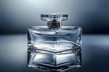 Perfume bottle, featuring a sleek, transparent glass body and a polished silver cap, mock-up