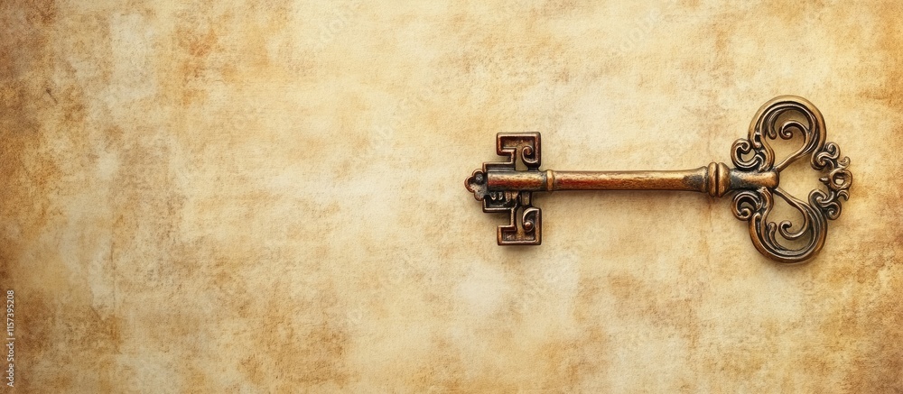 Poster vintage key illustration on aged paper background with space for personalized text or message in an 