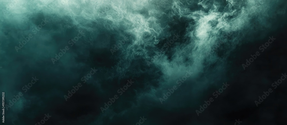 Poster mysterious green fog swirling in darkness creating an ethereal atmosphere with space for text or mes