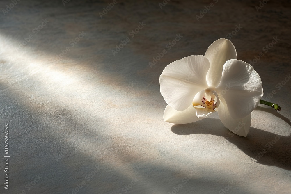Poster single white orchid resting on smooth matte surface under diffused lighting