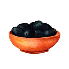 Ceramic bowl with green olives, watercolor hand painted clipart . It can become a great decoration for kitchen, for restaurant menus, recipes, prints on textile and paper