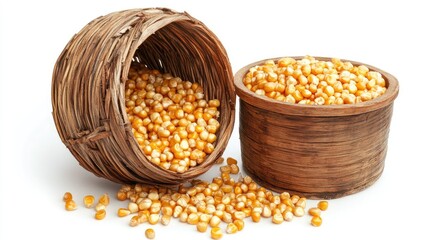 Natural Wooden Baskets Filled with Yellow Corn Kernels on White Background for Agricultural and Culinary Themes