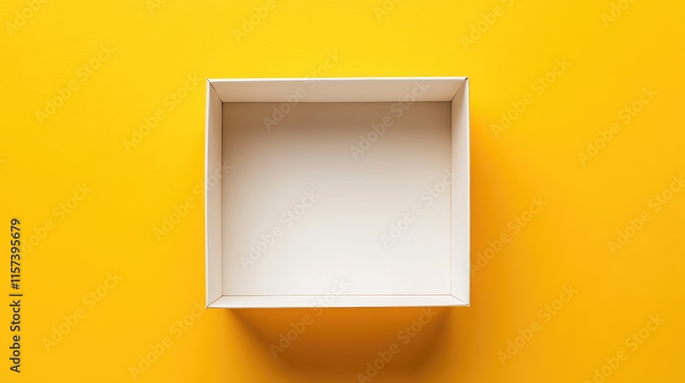 Aufkleber empty white box on bright yellow background for creative concepts or packaging design with a minimal