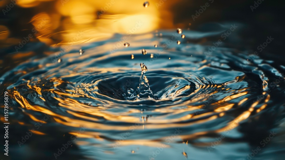 Poster water droplet impact creating concentric ripples on a dark surface with warm light reflection.