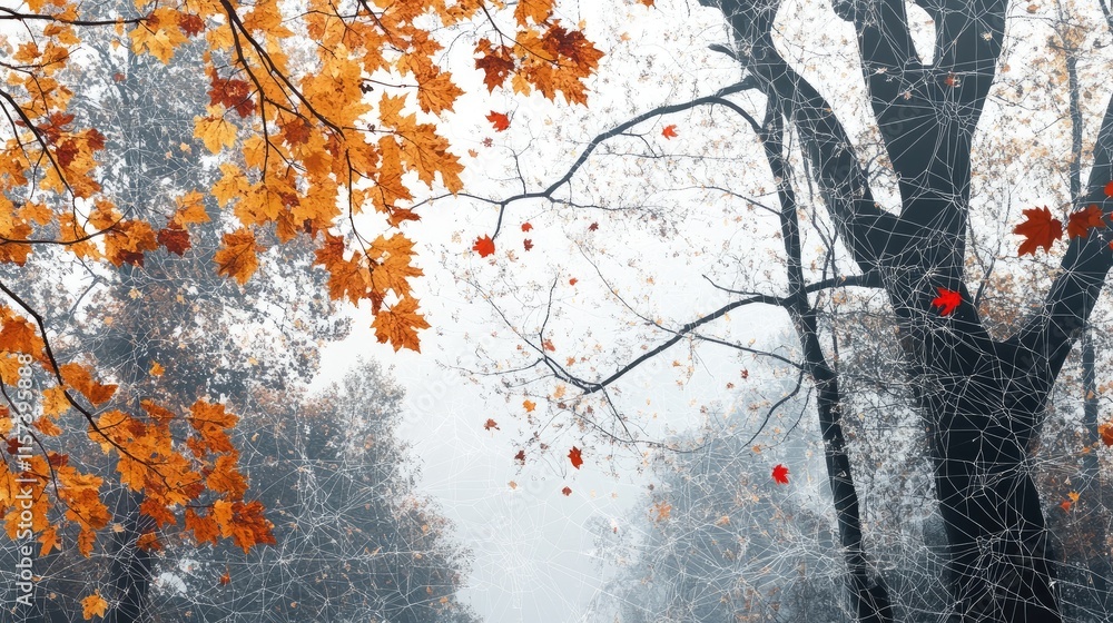 Poster autumn landscape with vibrant falling leaves and intricate tree branches creating a serene and color