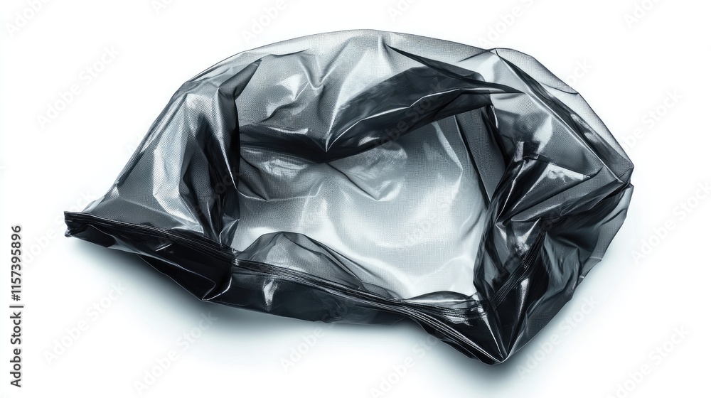 Poster opened semi-transparent black zipper bag crumpled on white background showcasing texture and design 