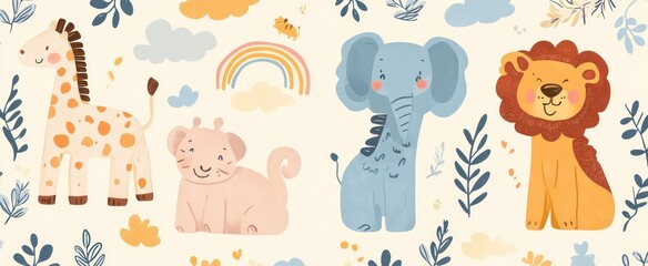 Adorable Pastel Safari Animals Rainbow Background Design