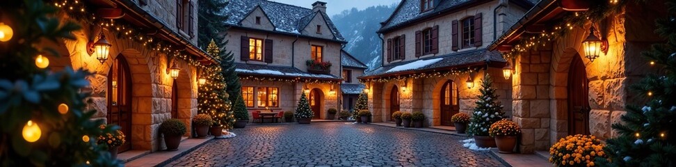 Decorated castle courtyard with festive lanterns and twinkling lights, cozy ambiance, christmas atmosphere