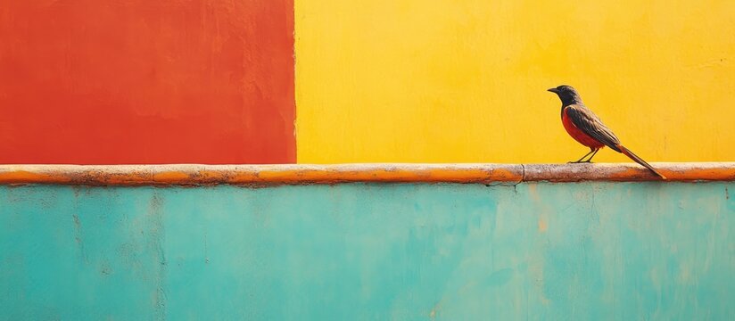 Vibrant wall backdrop with a solitary bird perched on the edge ideal for creative text placement and colorful design elements