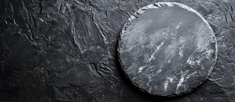 Peppered grey slate plate on textured black background for food photography and restaurant menu with empty space for text and design
