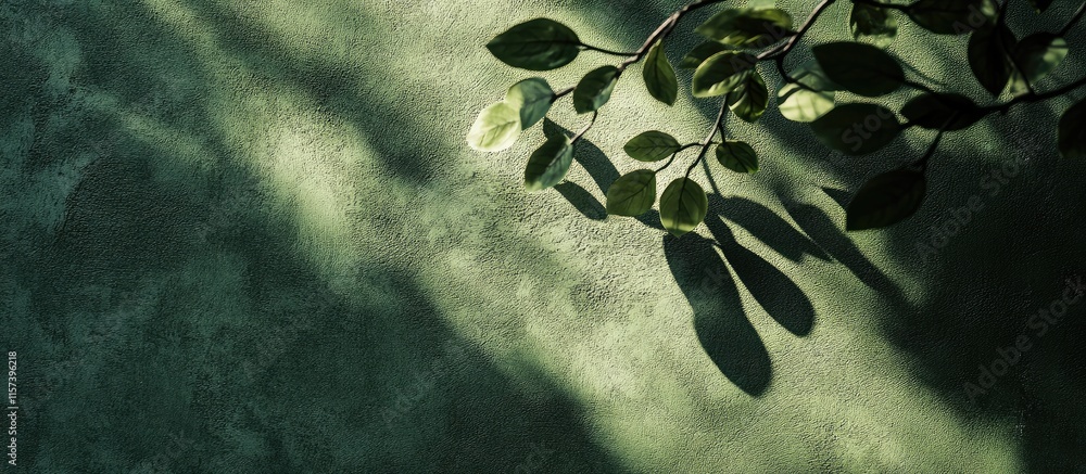Aufkleber green textured wall with leaf shadows creating an abstract background for spring or summer themes fe