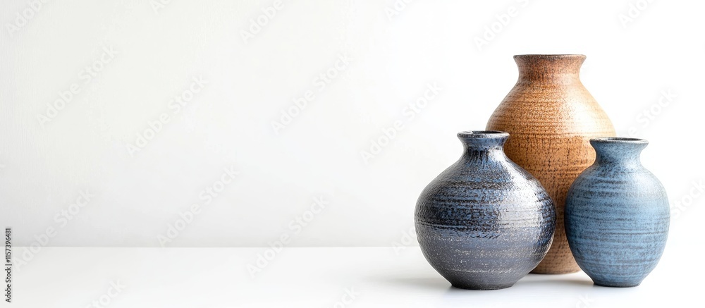 Poster handcrafted ceramic vases in a minimalistic setting with copy space for design or text