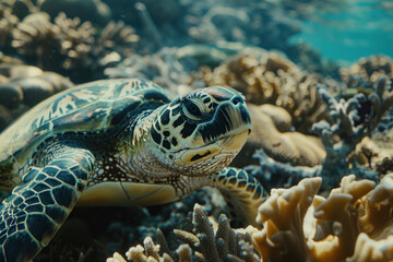 Fototapeta premium A close-up of a sea turtle feeding on coral amidst a bustling underwater ecosystem