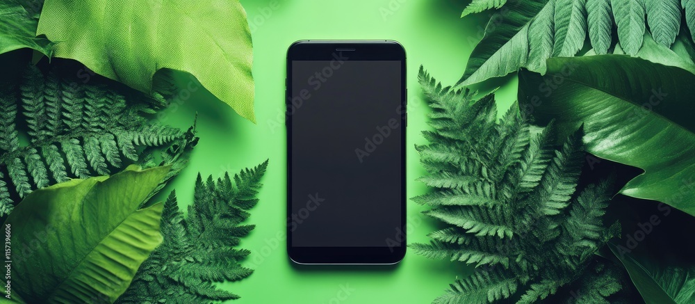 Poster handheld smartphone mockup on green background with tropical leaves featuring blank screen for custo