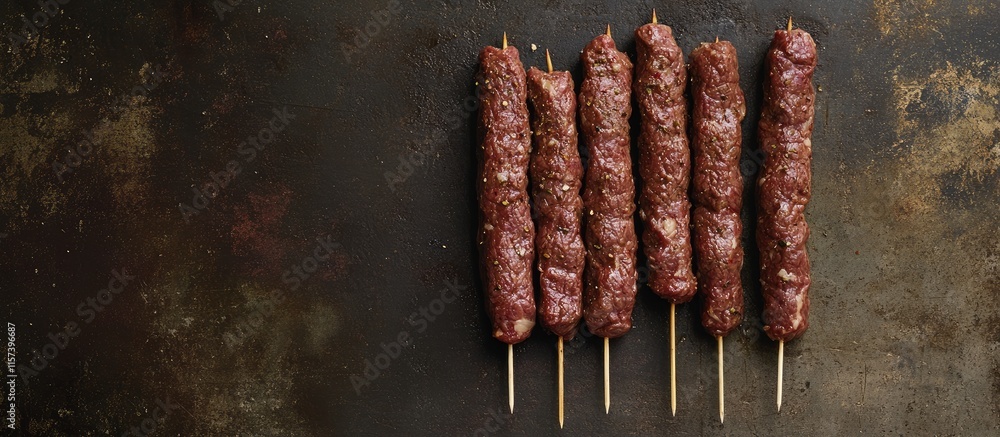 Poster raw beef kebabs arranged on a dark surface with space for text ideal for culinary or grilling themed