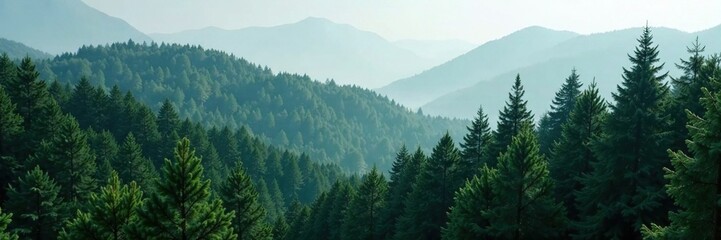 Dense foliage of juniperus trees in a misty forest, trees, nature scenery