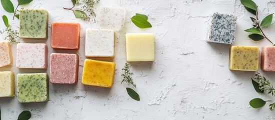 Handcrafted artisan soap bars arranged on a textured white background with natural elements and space for branding or text placement