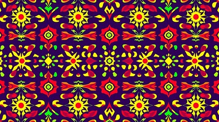 Vibrant Ethnic Textile Pattern: A captivating seamless design featuring bold, sun-like motifs in red, yellow, and green against a deep purple backdrop. Perfect for fashion, home decor.