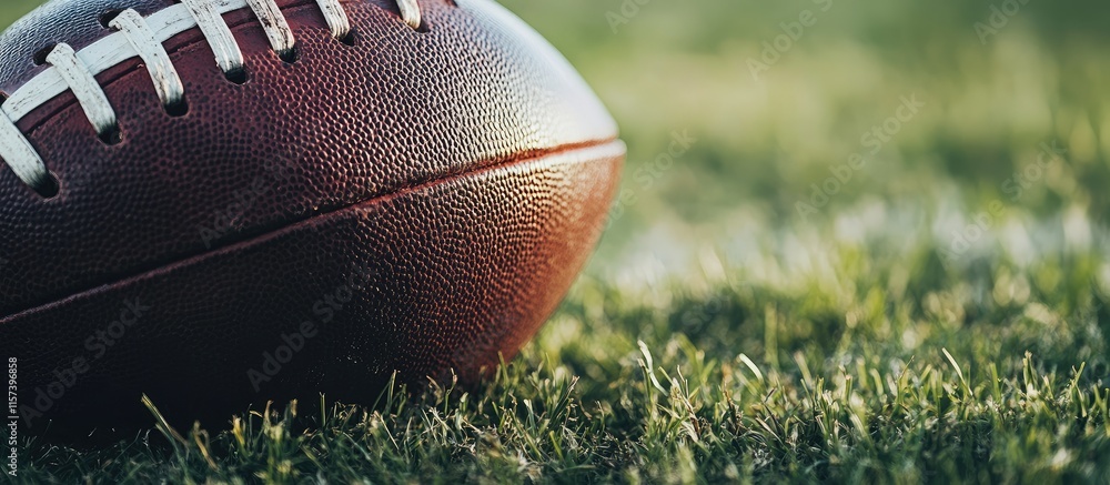 Poster close up of a football resting on lush grass in a sports field with ample space for text overlay in 