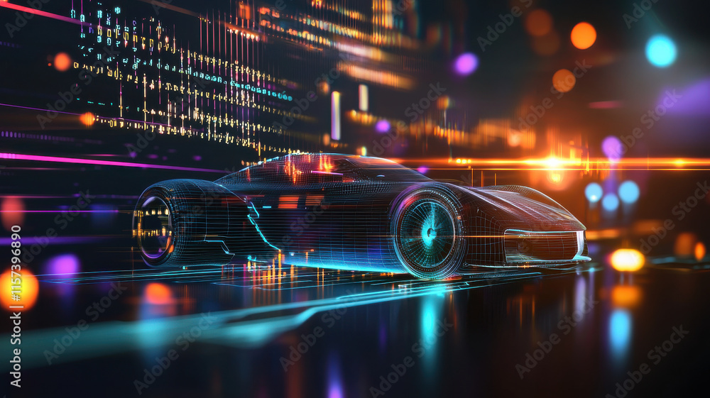 Poster futuristic vehicle design with glowing lines and digital elements