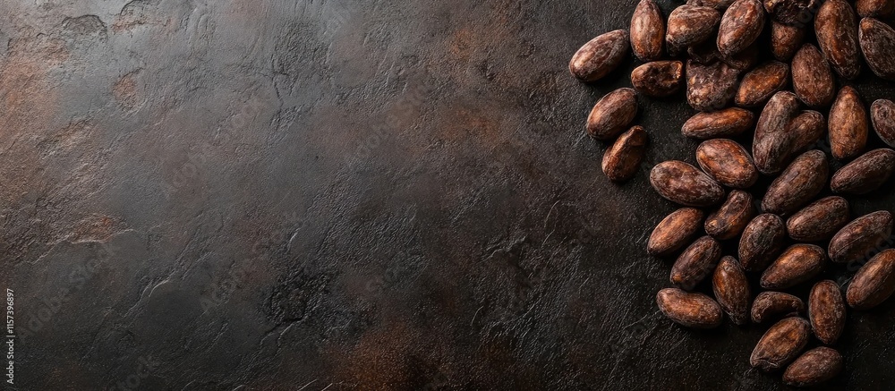 Poster rich cacao beans arranged on a dark stone surface with ample negative space for your text or brandin