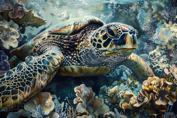 Obraz premium A close-up of a sea turtle feeding on coral amidst a bustling underwater ecosystem