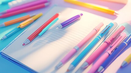Fototapeta premium Colorful Pens and Pencils Resting on a Notebook