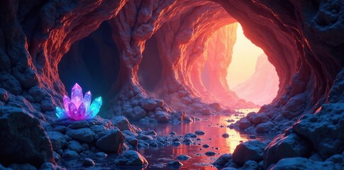 Ethereal light dances within crystal formations, glowing crystals, cave, shimmering