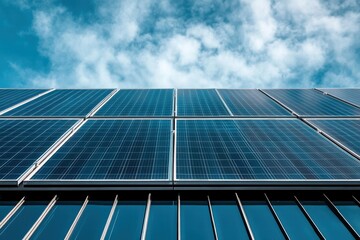 Solar panels installed on a tinted roof under a partially cloudy sky in a modern building