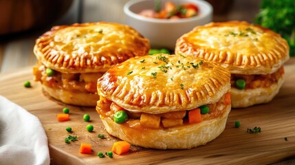 Delicious Homemade Chicken Pie Burgers with flaky pastry and savory vegetable filling on a wooden board