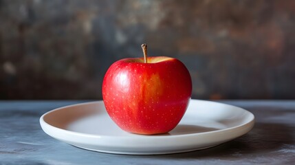 Red apple on white plate food photography indoor setting close-up view healthy eating concept