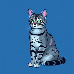 Fototapeta premium Studio shot of a gray and white striped cat sitting on blue background
