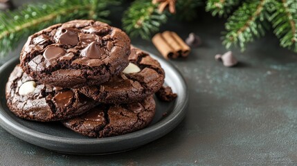 Fototapeta premium Homemade Chocolate Chip Brownies with Christmas Decorations and Cinnamon Sticks on a Dark Background
