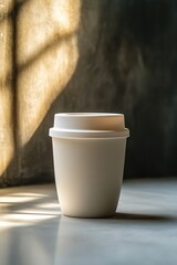 clean single reusable coffee cup with eco-branding displayed on smooth matte white ceramic surface under diffused lighting
