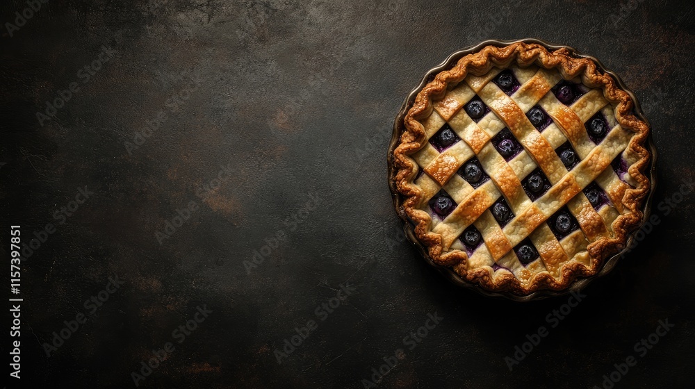 Poster homemade blueberry pie on dark stone surface with vintage lattice crust and ample space for text or 