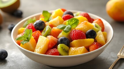 Fresh seasonal fruit salad kitchen table food photography bright natural light top view healthy eating concept