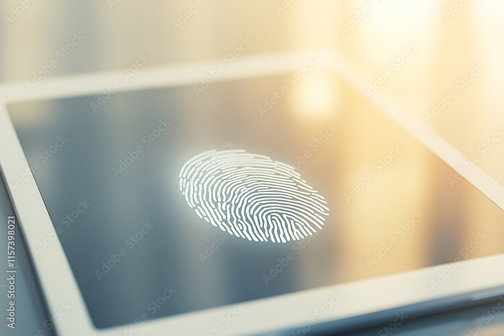 Poster close-up of fingerprint scanner symbol displayed on tablet screen with softly blurred neutral backgr