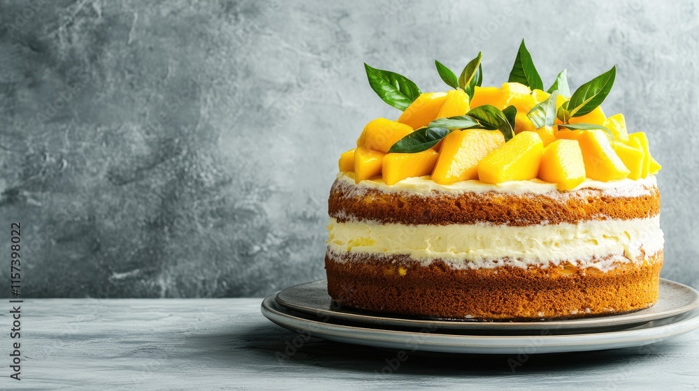 Poster homemade mango cake with fresh fruit topping on a gray background vertical layout with ample copy sp