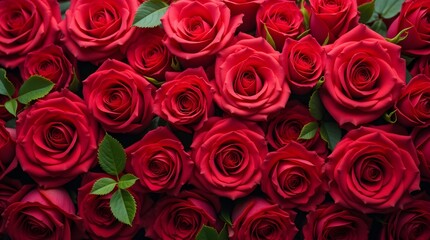 Natural fresh red roses flowers pattern wallpaper. top view, Red rose flower wall background