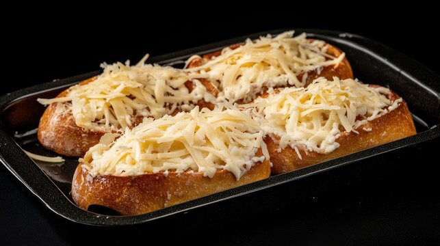 Homemade cheese topped bread rolls on a baking tray with a dark background for culinary themed advertisements and food photography.