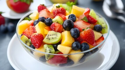 Fresh fruit salad preparation kitchen food scene bright lighting close-up healthy eating concept