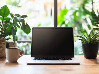 Fototapeta premium Home office productivity laptop setup surrounded by greenery indoor workspace natural light minimalist design