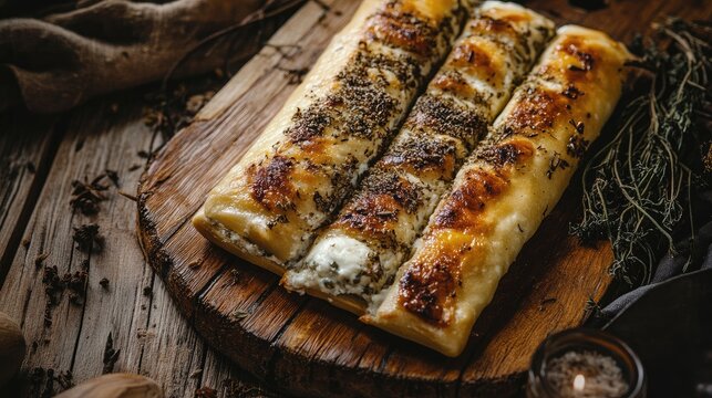 Homemade cheese sticks with mozzarella and spices on wooden plate showcasing traditional strukli or cancoillotte culinary delight