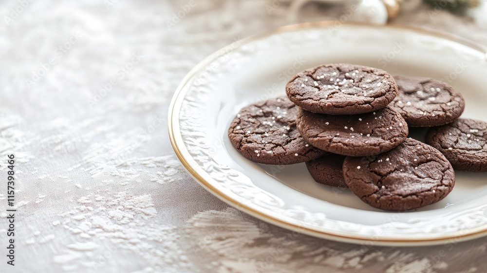 Poster festive homemade chocolate cookies on a decorative plate with elegant table setting and empty space 