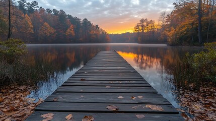 Obraz premium Wooden Dock Extending Into Autumn Lake Sunrise