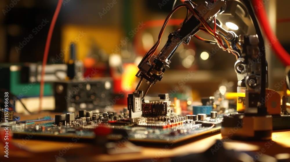 Poster a detailed view of a tiny robotic arm delicately handling components on a circuit board wires and to