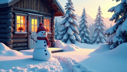 Fototapeta premium Frosty landscape with snowman in front of cabin door, winter wonderland, snowy trees