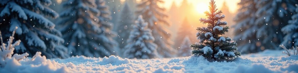 Frosty morning light illuminates the tranquil scene of a Christmas fir tree amidst the snowy landscape, snowy morning, christmas fir tree, frosty winter