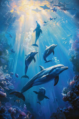 Obraz premium A diver swimming alongside dolphins, framed by beams of sunlight piercing through the ocean surface
