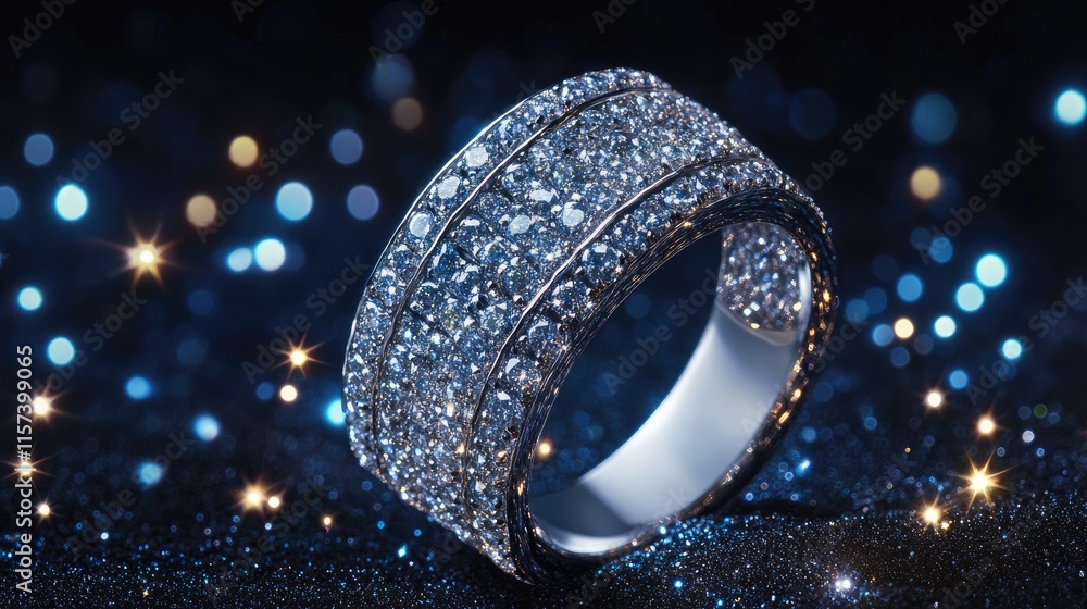 Poster luxury diamond ring with intricate design glistening against a dark starry background creating an el